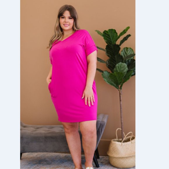Natural Beauty Full Size Run T-Shirt Dress with Pockets in Magenta - Picture 9 of 13